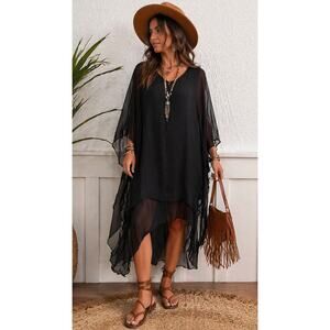 Rhea “Majesty” Black Kaftan – Sheer Boho Flowy Dress (NWT)